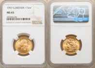 Elizabeth II gold Sovereign 1957 MS65 NGC, KM908. AGW 0.2355 oz.

HID09801242017

© 2020 Heritage Auctions | All Rights Reserved