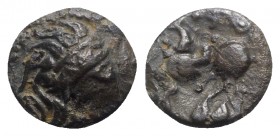Celtic, Eastern Europe, imitating Philip II of Macedon Drachm, 2nd-1st centuries BC. AR Drachm (13mm, 2.35g, 1h). Stylized laureate head of Zeus r. R/...
