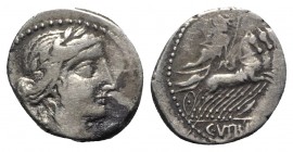 Celtic, Eastern Europe, imitating C. Vibius C.f. Pansa AR Denarius (19mm, 3.77g, 6h). Laureate head of Apollo r. R/ Minerva driving galloping quadriga...