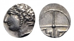 Gaul, Massalia, c. 200-121 BC. AR Obol (10mm, 0.62g, 12h). Bare head of Apollo l. R/ M A within wheel of four spokes. Depeyrot, Marseille 31; SNG Cope...
