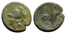 Northern Campania, Cales, c. 265-240 BC. Æ (20mm, 6.40g, 8h). Helmeted head of Athena l. R/ Cock standing r.; star to l. Sambon 916; HNItaly 435; SNG ...