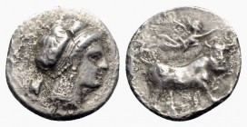 Southern Campania, Neapolis, c. 300-275 BC. AR Didrachm (20mm, 6.38g, 9h). Head of nymph r.; astragalos behind. R/ Man-headed bull standing r., head f...