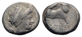 Southern Campania, Neapolis, c. 300-275 BC. AR Didrachm (19mm, 7.15g, 6h). Head of nymph r.; grape bunch behind neck. R/ Man-headed bull walking r.; a...