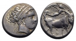 Southern Campania, Neapolis, c. 300-275 BC. AR Didrachm (18.5mm, 7.35g, 10h). Head of nymph r., wearing broad headband; X behind. R/ Man-headed bull w...