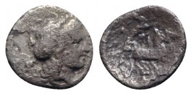 Southern Campania, Neapolis, c. 300-275 BC. AR Triobol (14mm, 1.34g, 6h). Laureate head of Apollo r. R/ Victory driving biga r. Sambon 554; HNItaly 58...