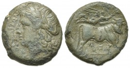 Southern Campania, Neapolis, c. 270-250 BC. Æ (19mm, 5.64g, 11h). Laureate head of Apollo l. R/ Man-headed bull standing r., being crowned by Nike who...
