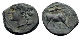 Southern Campania, Neapolis, c. 250-225 BC. Æ (14mm, 2.62g, 11h). Laureate head of Apollo l. R/ Man-headed bull walking r.; above, Nike flying r., pla...