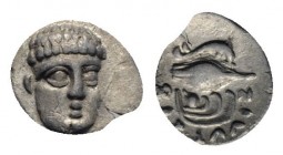 Southern Campania, Phistelia, c. 325-275 BC. AR Obol (9.5mm, 0.44g, 9h). Male head facing slightly r. R/ Dolphin, barley grain, and mussel shell. Rutt...