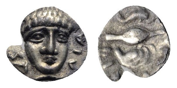 Southern Campania, Phistelia, c. 325-275 BC. AR Obol (11mm, 0.51g, 9h). Male hea...