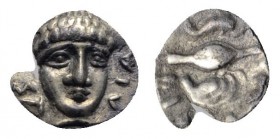 Southern Campania, Phistelia, c. 325-275 BC. AR Obol (11mm, 0.51g, 9h). Male head facing slightly r. R/ Dolphin, barley grain, and mussel shell. Rutte...