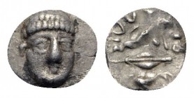 Southern Campania, Phistelia, c. 325-275 BC. AR Obol (9mm, 0.61g, 9h). Male head facing slightly r. R/ Dolphin, barley grain, and mussel shell. Rutter...