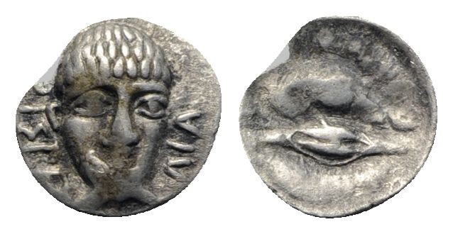 Southern Campania, Phistelia, c. 325-275 BC. AR Obol (11mm, 0.53g, 9h). Male hea...