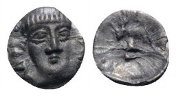 Southern Campania, Phistelia, c. 325-275 BC. AR Obol (11mm, 0.55g, 9h). Male head facing slightly r. R/ Dolphin, barley grain, and mussel shell. Rutte...