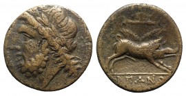 Northern Apulia, Arpi, 3rd century BC. Æ (20mm, 7.64g, 9h). Laureate head of Zeus l.; thunderbolt. R/ Boar r.; spear above. HNItaly 642; SNG ANS 635. ...