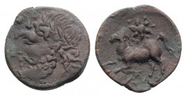Northern Apulia, Arpi, c. 325-275 BC. Æ (16mm, 4.00g, 6h). Laureate head of Zeus l. R/ Horse rearing l.; star above, monogram below. HNItaly 644; SNG ...