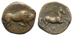Northern Apulia, Arpi, c. 275-250 BC. Æ (19.5mm, 5.15g, 1h). Poullos, magistrate. Bull charging r. R/ Horse galloping r. HNItaly 645; SNG ANS 640-3. B...