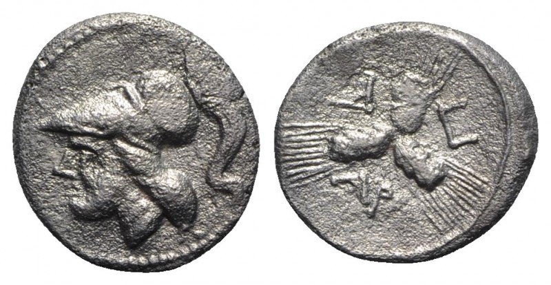 Northern Apulia, Arpi, c. 215-212 BC. AR Triobol (14mm, 1.56g). Helmeted head of...