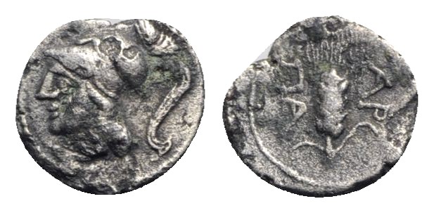 Northern Apulia, Arpi, c. 215-212 BC. AR Obol (10mm, 0.67g, 1h). Head of Athena ...