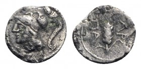 Northern Apulia, Arpi, c. 215-212 BC. AR Obol (10mm, 0.67g, 1h). Head of Athena l. wearing Corinthian helmet. R/ Barley-ear. HNItaly 648. Near VF