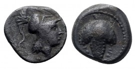 Northern Apulia, Arpi, c. 215-212 BC. Æ (14mm, 2.87g, 9h). Helmeted head of Athena r. R/ Bunch of grapes. HNItaly 650; SNG ANS 646. Dark green patina,...