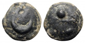 Northern Apulia, Luceria, c. 225-217 BC. Cast Æ Semuncia (19mm, 8.97g, 3h). Crescent. R/ Filleted thyrsos. Vecchi ICC, 343; HNItaly 675. Green patina,...