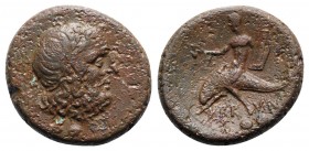 Southern Apulia, Brundisium, c. 215 BC. Æ Sextans (28mm, 18.05g, 6h). Head of Poseidon r.; trident behind; two pellets below. R/ Youth seated on dolph...
