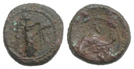 Southern Apulia, Brundisium, c. 215 BC. Æ 1/8 Uncia (11mm, 1.12g, 3). Nike advancing r., holding wreath and palm. R/ Dolphin l.; L above. HNItaly 741;...