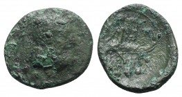 Southern Apulia, Brundisium, 2nd century BC. Æ Quadrans (17mm, 3.97g, 5h). Wreathed head of Neptune r.; behind, Nike standing r. on trident, crowning ...