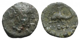 Southern Apulia, Brundisium, 2nd century BC. Æ Quadrans (18mm, 3.03g, 12h). Wreathed head of Neptune r.; behind, Nike standing r. on trident, crowning...