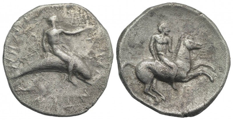 Southern Apulia, Tarentum, c. 425/420-380 BC. AR Nomos (23mm, 7.83g, 2h). Dolphi...