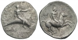 Southern Apulia, Tarentum, c. 425/420-380 BC. AR Nomos (23mm, 7.83g, 2h). Dolphin rider r. R/ Horseman galloping r. Vlasto 263; HNItaly 848. Large fla...