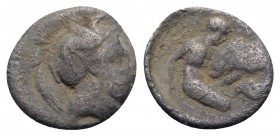Southern Apulia, Tarentum, c. 380-325 BC. AR Diobol (11.5mm, 0.81g, 12h). Helmeted head of Athena r., helmet decorated with hippocamp. R/ Herakles kne...
