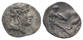 Southern Apulia, Tarentum, c. 380-325 BC. AR Diobol (11mm, 0.82g, 3h). Helmeted head of Athena r., helmet decorated with hippocamp. R/ Herakles standi...