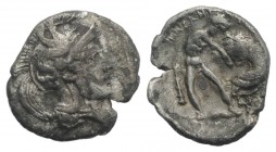 Southern Apulia, Tarentum, c. 380-325 BC. AR Diobol (12mm, 1.04g, 10h). Helmeted head of Athena r., helmet decorated with hippocamp. R/ Herakles stand...