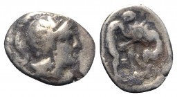 Southern Apulia, Tarentum, c. 380-325 BC. AR Diobol (11mm, 0.99g, 3h). Helmeted head of Athena r., helmet decorated with hippocamp. R/ Herakles standi...