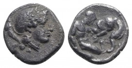 Southern Apulia, Tarentum, c. 325-280 BC. AR Diobol (10mm, 1.24g, 12h). Helmeted head of Athena r., with wreath on the bowl. R/ Herakles, holding club...