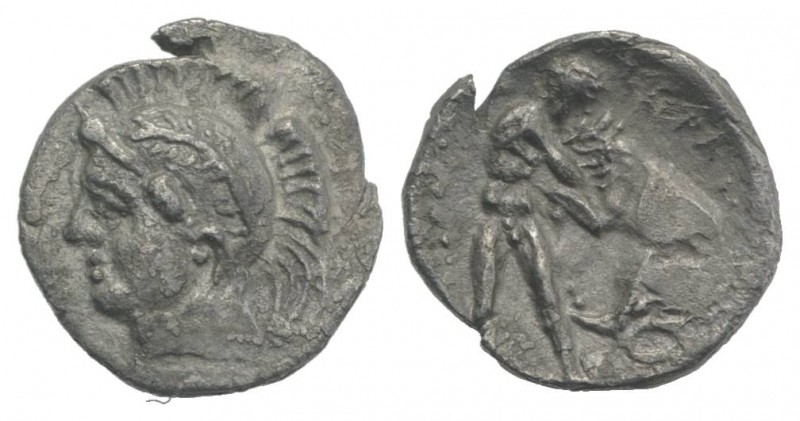 Southern Apulia, Tarentum, c. 325-280 BC. AR Diobol (11mm, 0.88g, 1h). Head of A...