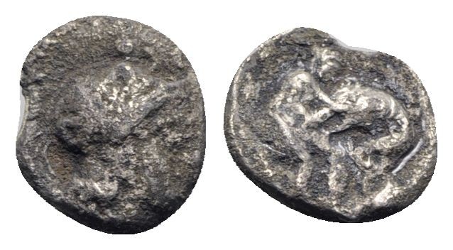 Southern Apulia, Tarentum, c. 325-280 BC. AR Diobol (11mm, 1.16g, 1h). Helmeted ...