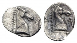 Southern Apulia, Tarentum, c. 325-280 BC. AR 3/4 Obol (9.5mm, 0.47g, 9h). Horse's head r. R/ Horse's head r. Cf. Vlasto 1696ff.; HNItaly 981. VF