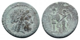 Southern Apulia, Tarentum, c. 280 BC. Æ (22mm, 7.19g, 1h). Laureate head of Zeus r. R/ Nike standing l., crowning trophy. Vlasto 1803; HNItaly 995. Ve...
