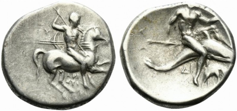 Southern Apulia, Tarentum, c. 280-272 BC. AR Nomos (21mm, 6.40g, 4h). Warrior on...