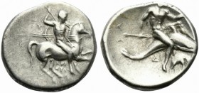 Southern Apulia, Tarentum, c. 280-272 BC. AR Nomos (21mm, 6.40g, 4h). Warrior on horseback r., holding shield and two spears, preparing to cast a thir...