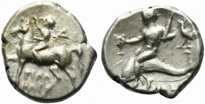 Southern Apulia, Tarentum, c. 272-240 BC. AR Nomos (19mm, 6.44g, 3h). Youth on h...