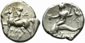 Southern Apulia, Tarentum, c. 272-240 BC. AR Nomos (19mm, 6.44g, 3h). Youth on horseback l., placing wreath on horse's head; ΦIΛΩ/TAC in two lines bel...