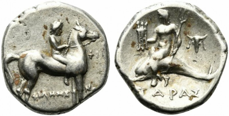Southern Apulia, Tarentum, c. 272-240 BC. AR Nomos (19mm, 6.40g, 11h). Youth on ...