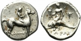 Southern Apulia, Tarentum, c. 272-240 BC. AR Nomos (19mm, 6.40g, 11h). Youth on horseback r.; ΦI before, ΦIΛHME-NOΣ below. R/ Phalanthos riding dolphi...