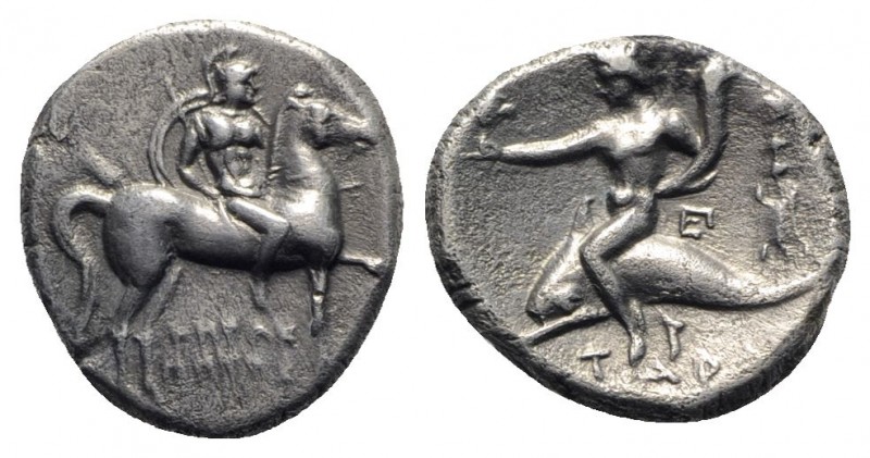 Southern Apulia, Tarentum, c. 272-240 BC. AR Nomos (20mm, 6.08g, 9h). Helmeted w...