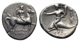 Southern Apulia, Tarentum, c. 272-240 BC. AR Nomos (20mm, 6.08g, 9h). Helmeted warrior on horseback r., holding lance and shield; I-HPAK/ΛHTOΣ in two ...
