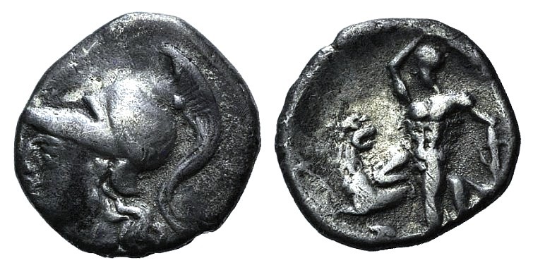 Southern Apulia, Tarentum, c. 280-228 BC. AR Diobol (10mm, 0.96g, 9h). Head of A...