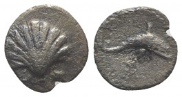 Southern Apulia, Tarentum, c. 280-228 BC. AR Litra (9mm, 0.40g, 6h). Cockle shell. R/ Dolphin l.; tripod below. Vlasto 1530; HNItaly 1073; SNG ANS 150...